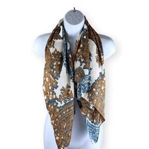 Vilanova Modern Paisley Blue Gold Cream Satin Square Scarf 40 x 40